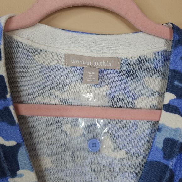 Woman Within Longer-Length Cotton Cardigan Sweater in Blue Camo Size 14/16 - Picture 7 of 9
